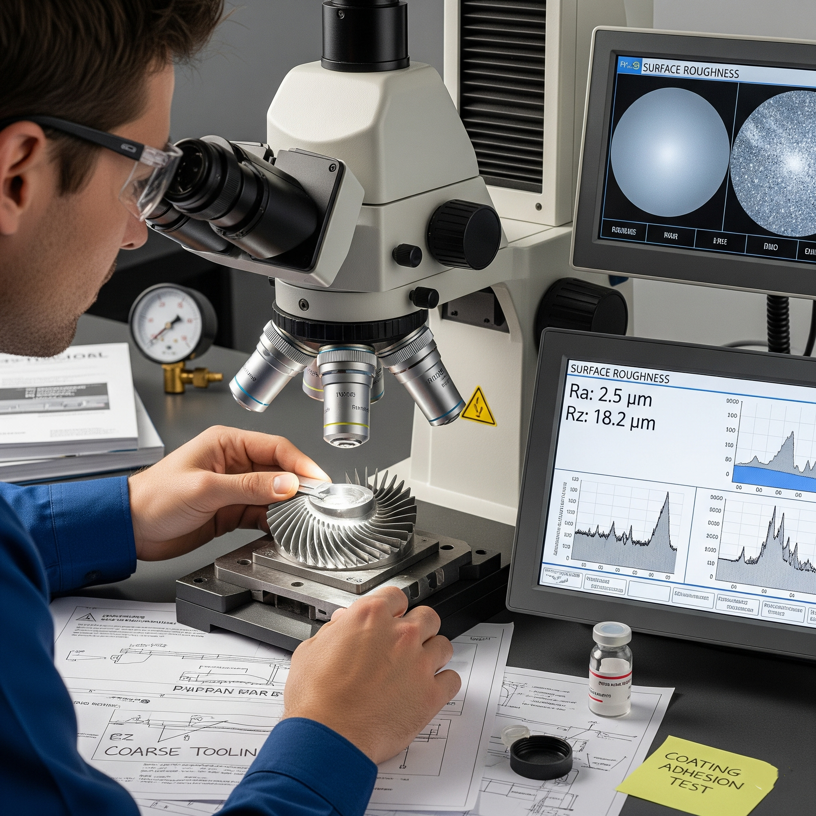 Engineer inspecting part under microscope